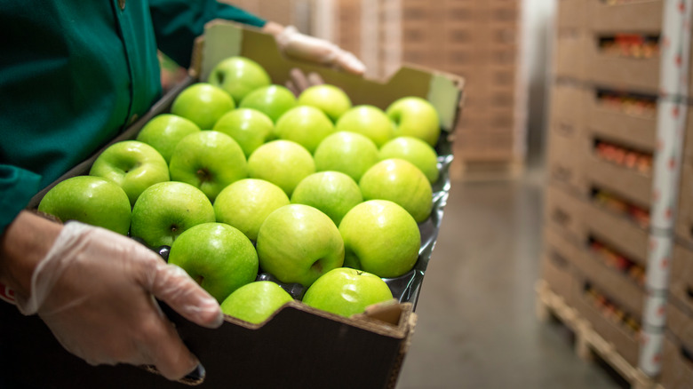 A crate of green apples