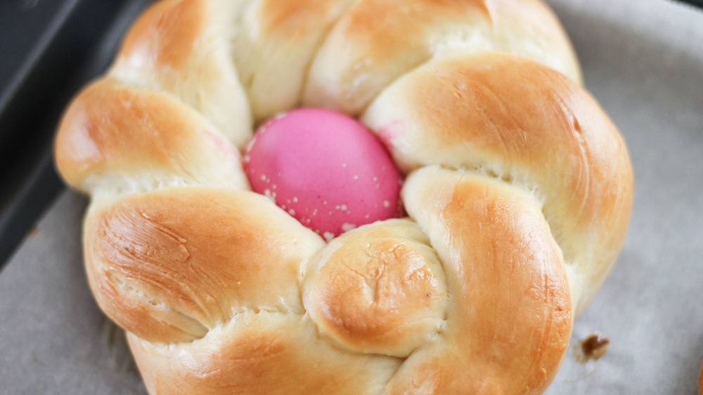 Italian Easter egg bread on baking sheet