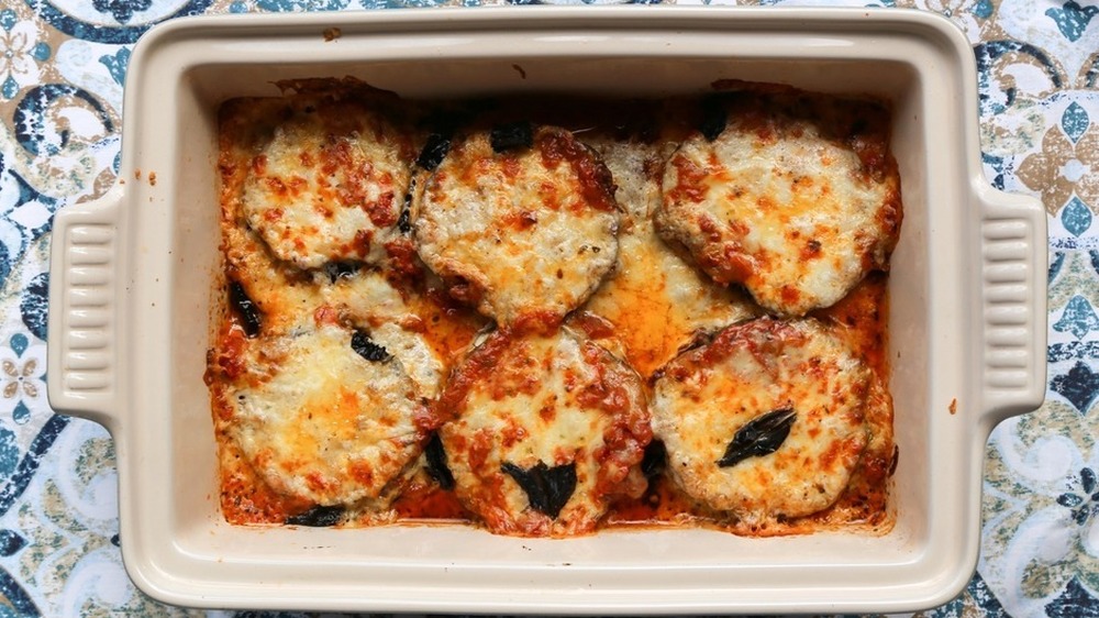 eggplant parmesan baking in a pan