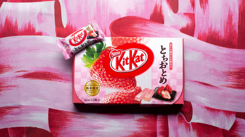 A box of strawberry flavored Kit Kats