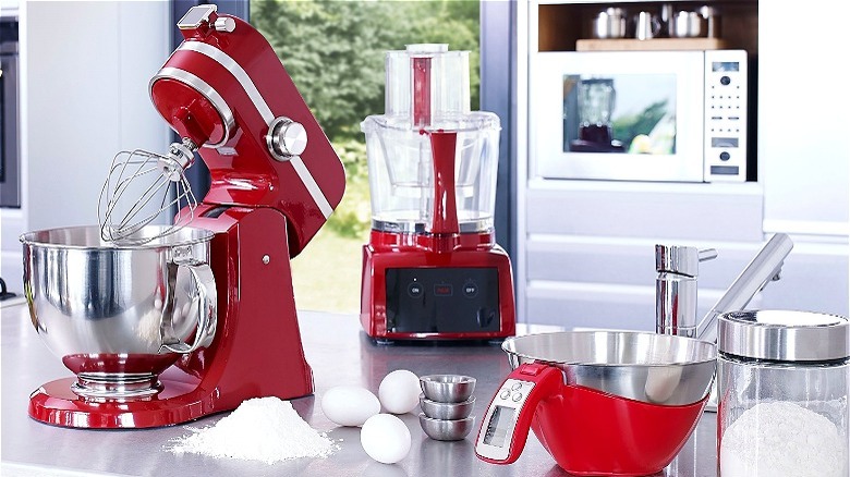 Red mixer, blender, and bowl