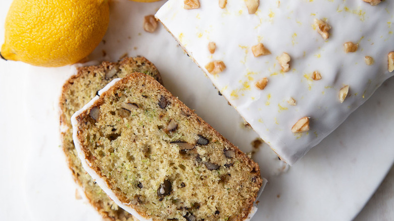 Sliced loaf of frosted nut bread