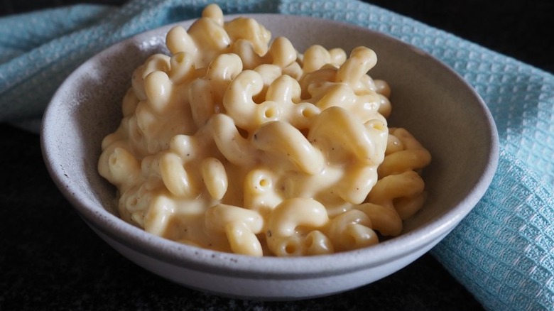 Bowl of cavatappi pasta covered in cheese sauce. 