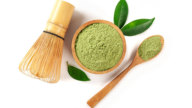 Matcha powder and whisk