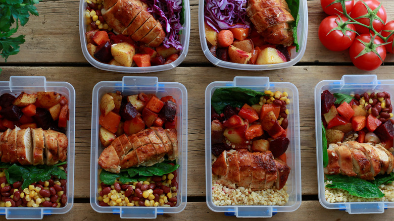 six filled meal prep containers