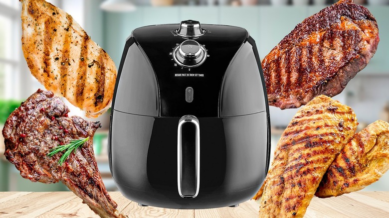 Cooked meats around an air fryer