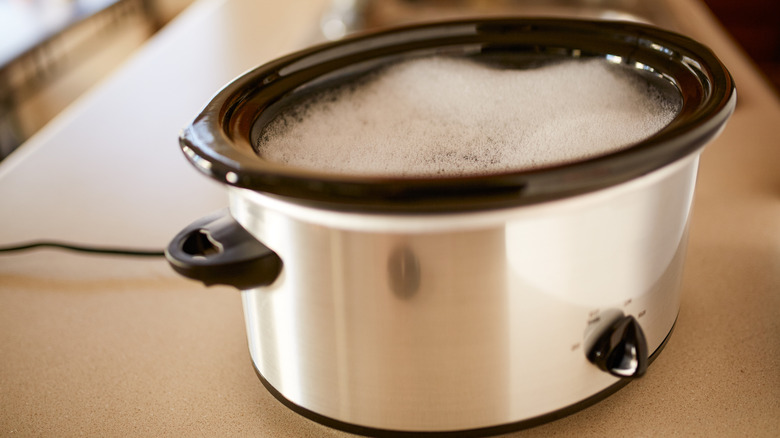 slow cooker filled with soapy water