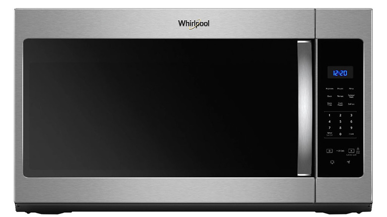 A Whirlpool chrome microwave on a white background.