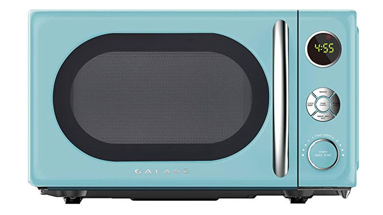 A blue Galanz microwave on a white background