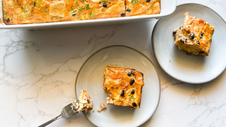 slices of a mexican inspired egg breakfast casserole with black beans