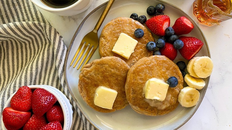 pancakes on plate with fruit