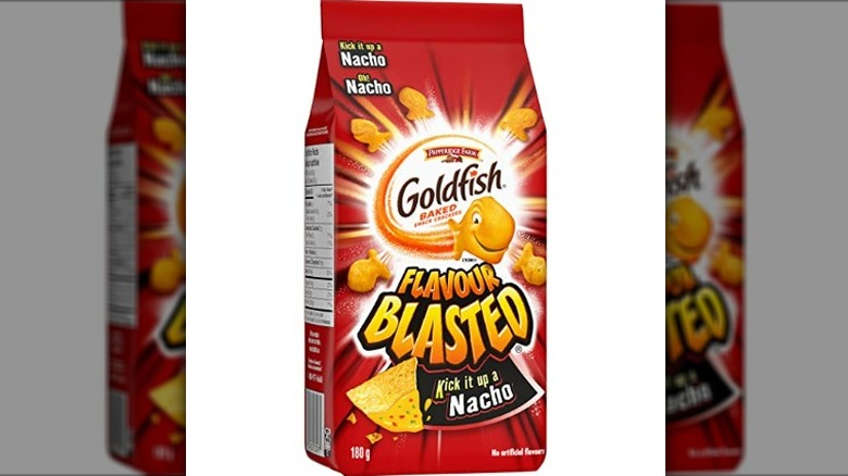 A bag of Flavor Blasted Nacho Cheese Goldfish