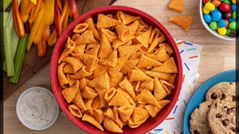 A bowl of nacho flavored Bugles