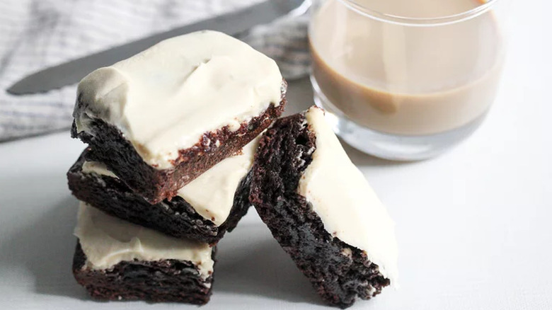 Frosted brownies and Irish cream liqueur