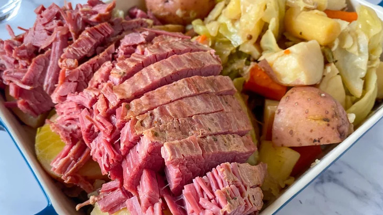 Corned beef and vegetables on a tray