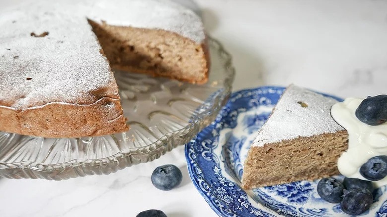 slice of instant pot banana bread with blueberries