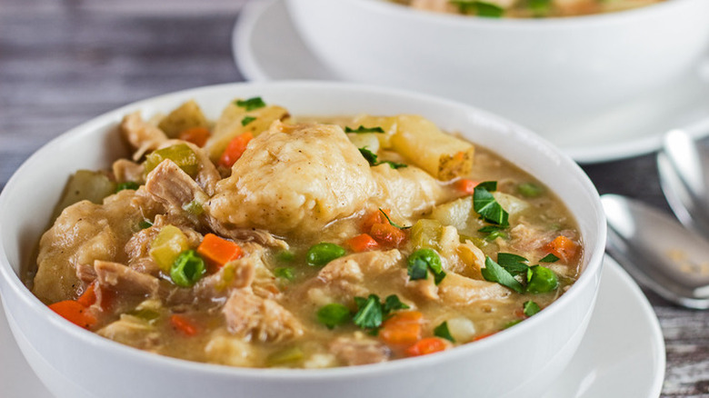 Bowl of chicken and dumplings stew