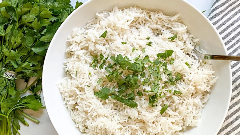 Large bowl of white rice with cilantro