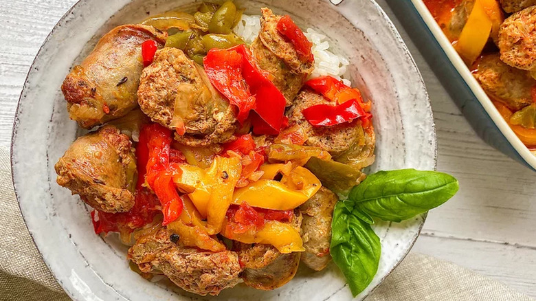 Cooked sausage and peppers with rice