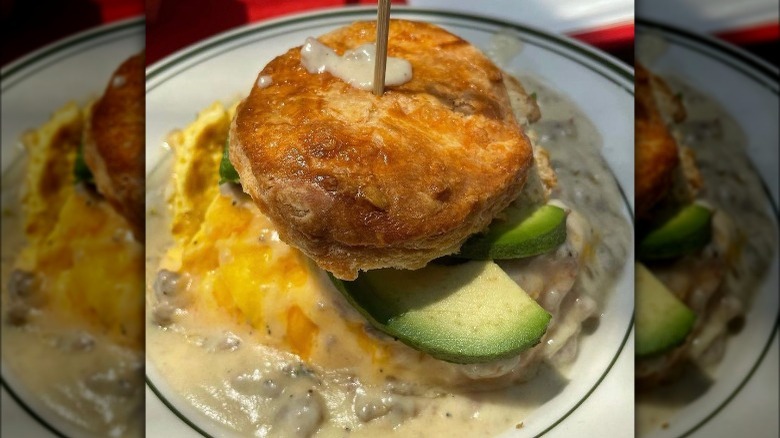 Biscuits and gravy with avocado