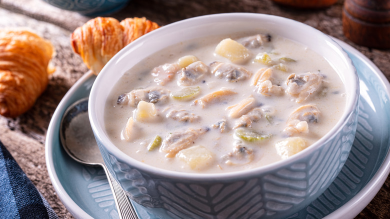 Plated bowl of clam chowder