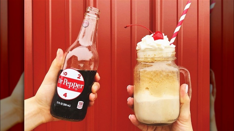 Bottle of dr. pepper with a dr. pepper ice cream float