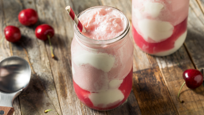 Cherry float with lemon-lime soda and grenadine with vanilla ice cream