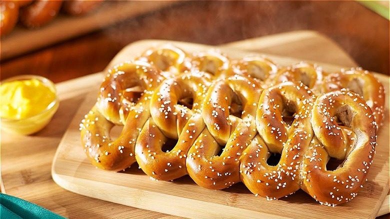 Row of salted soft pretzels