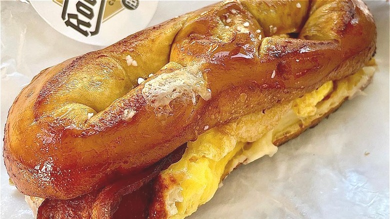 Pretzel breakfast sandwich in wrapper