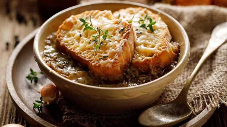 closeup of french onion soup