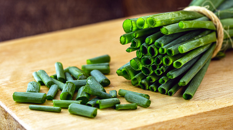 chives on a wooden board