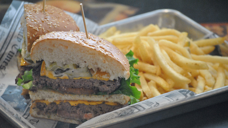 Hamburger and French fries in a metal tray.  