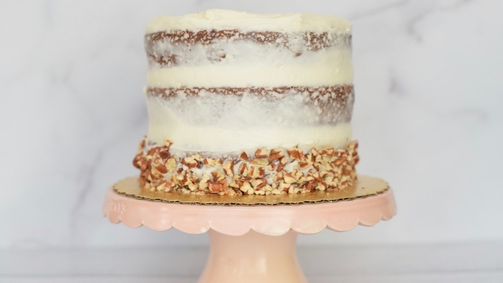 Southern hummingbird cake on a pink cake stand