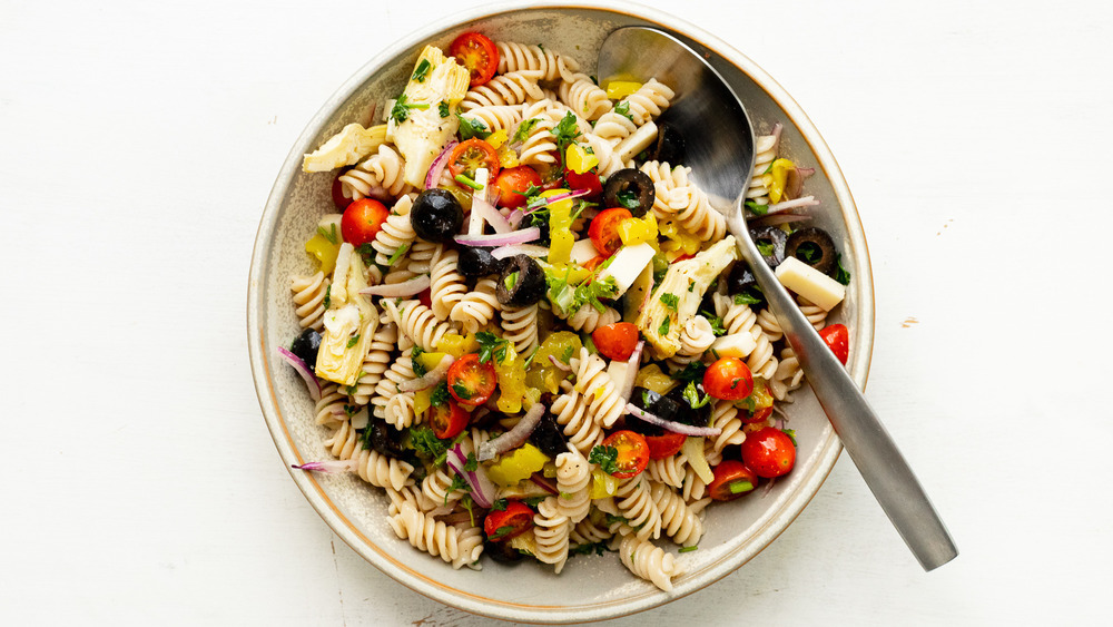 Bowl of antipasto salad on white background  