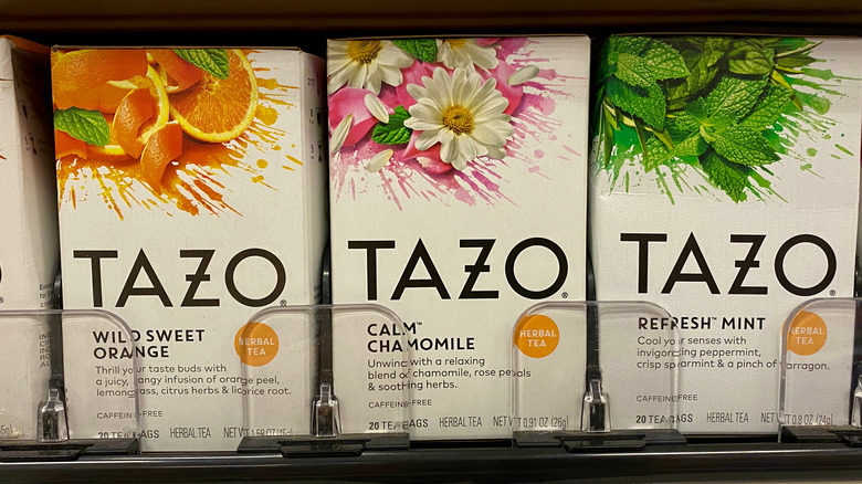 A row of Starbucks Tazo herbal tea boxes