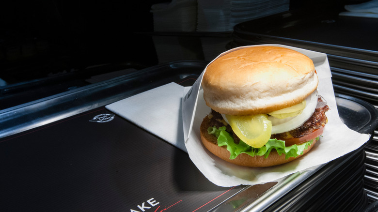 Steakburger on black countertop