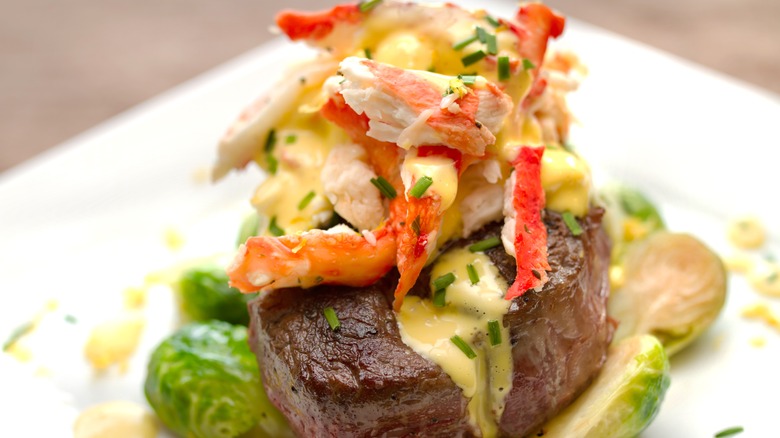 Filet served Oscar style with brussels sprouts