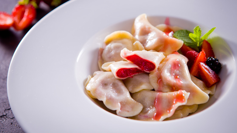 jam filled pasta in white bowl