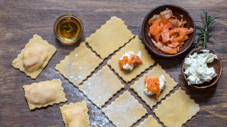 Ravioli sheets with cream cheese and smoked salmon filling