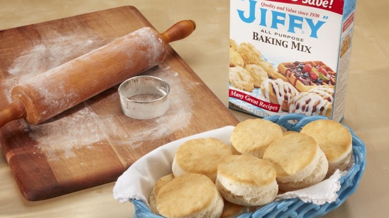 Jiffy baking mix and biscuits  in bowl