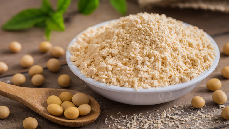 Soybean flour in white bowl