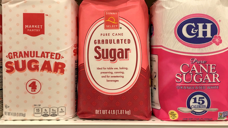 Bags of sugar on store shelf