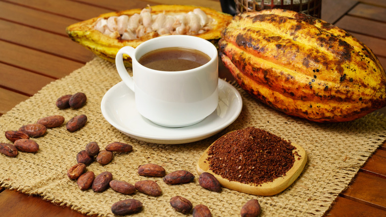 Brewed cacao drink in white mug