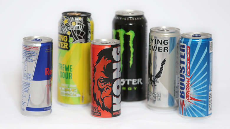 Row of different energy drinks