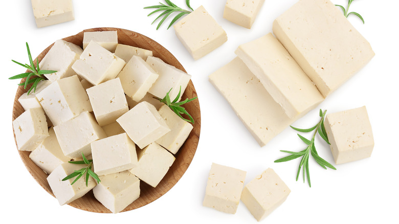 Tofu cut into various sized blocks