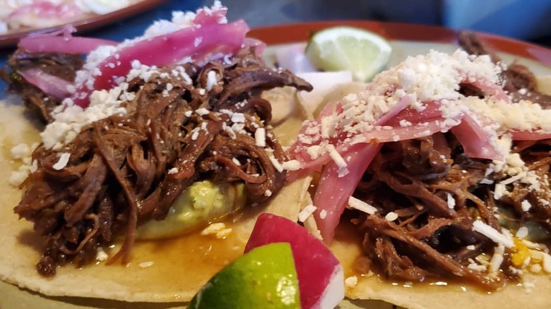 Pair of barbacoa tacos on plate