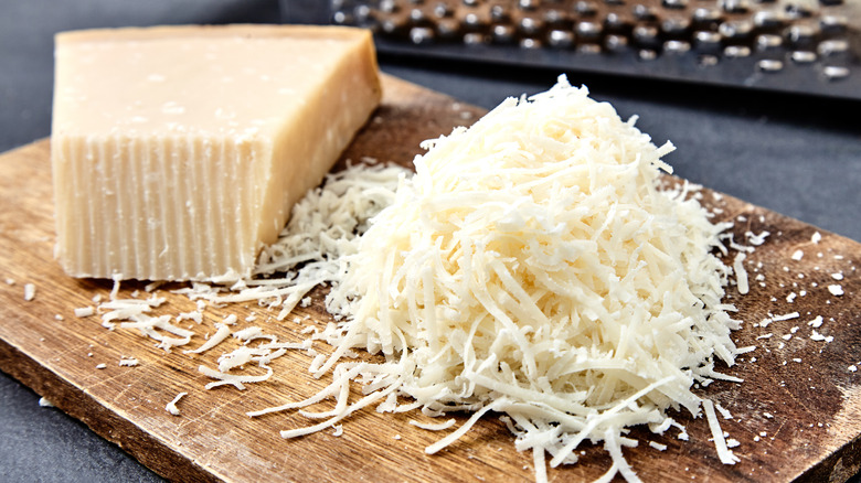 grated parmesan cheese on tray