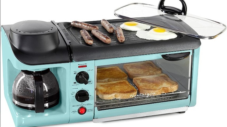 breakfast toaster oven with food and coffee