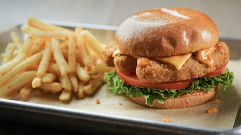 Beyond Meat chicken tender burger with fries