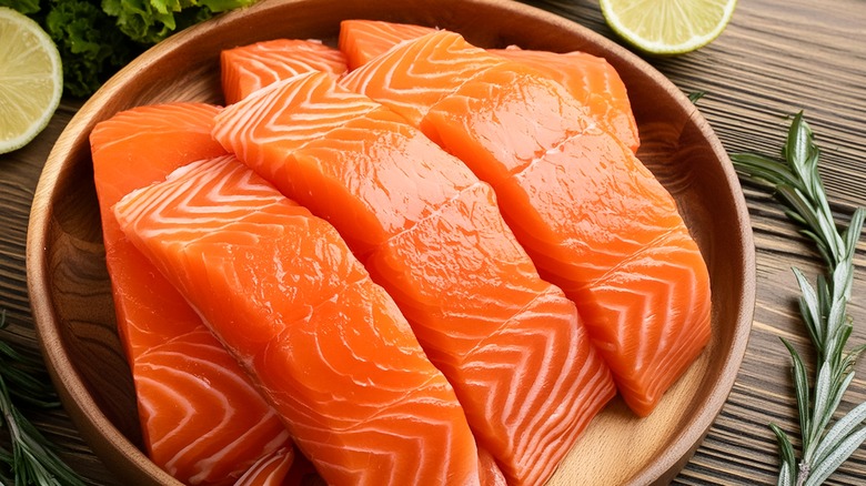 stack of salmon in bowl